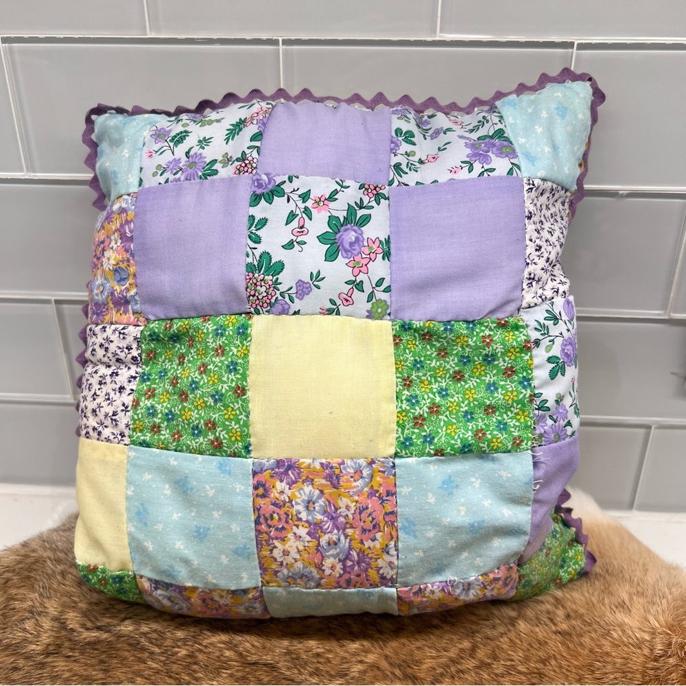 Patchwork Cushion Granny Squares Accent Throw Pillows Handcrafted Floral Print